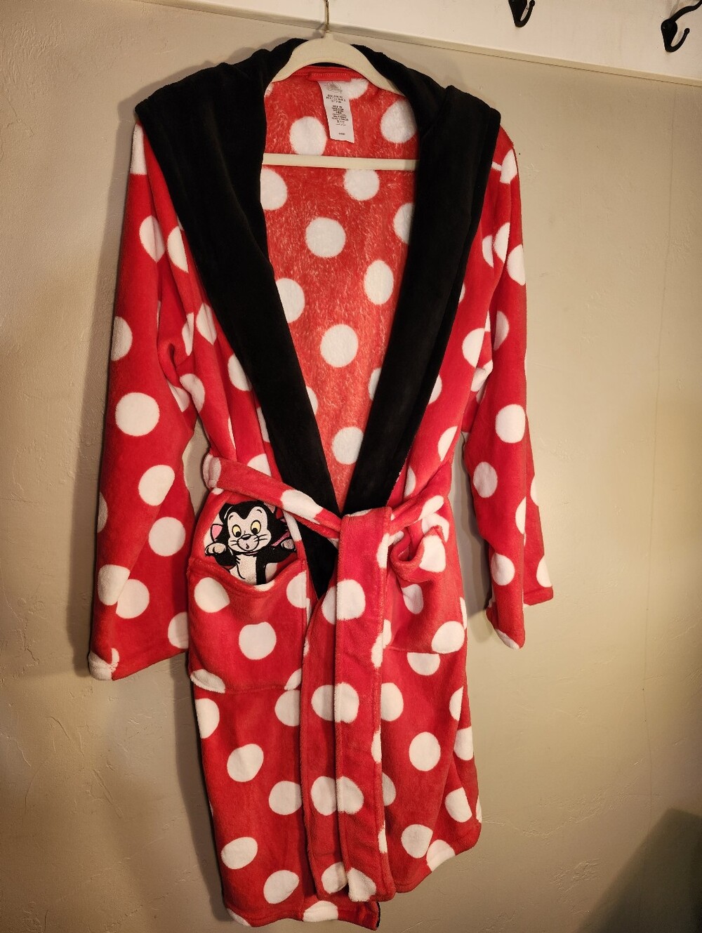 Disney Red and White Polka Dot Hooded Robe with Black Trim, Cat